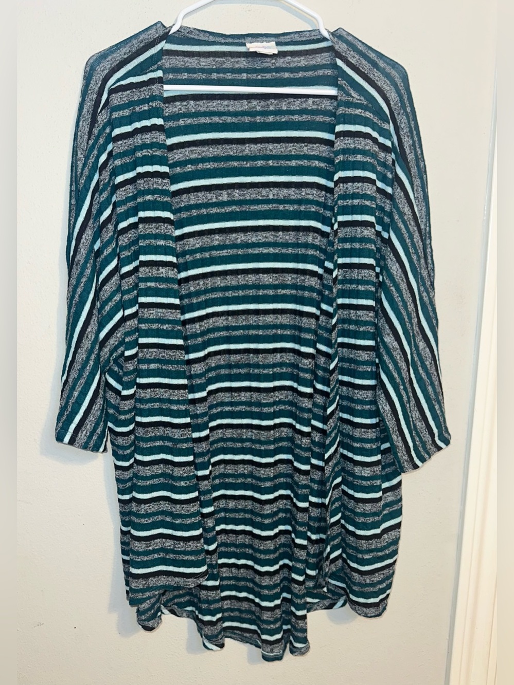 LuLaRoe Striped Open Front Cardigan in Teal, Gray & Black